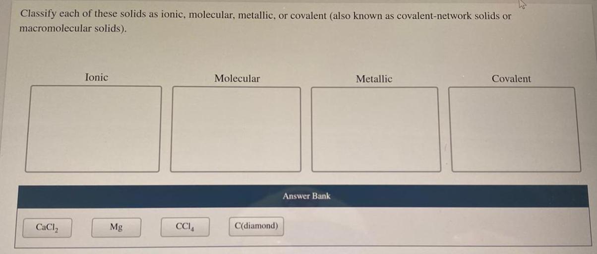 Solids classify ionic each molecular covalent metallic network scl2 diamond na2s below transcribed text show na